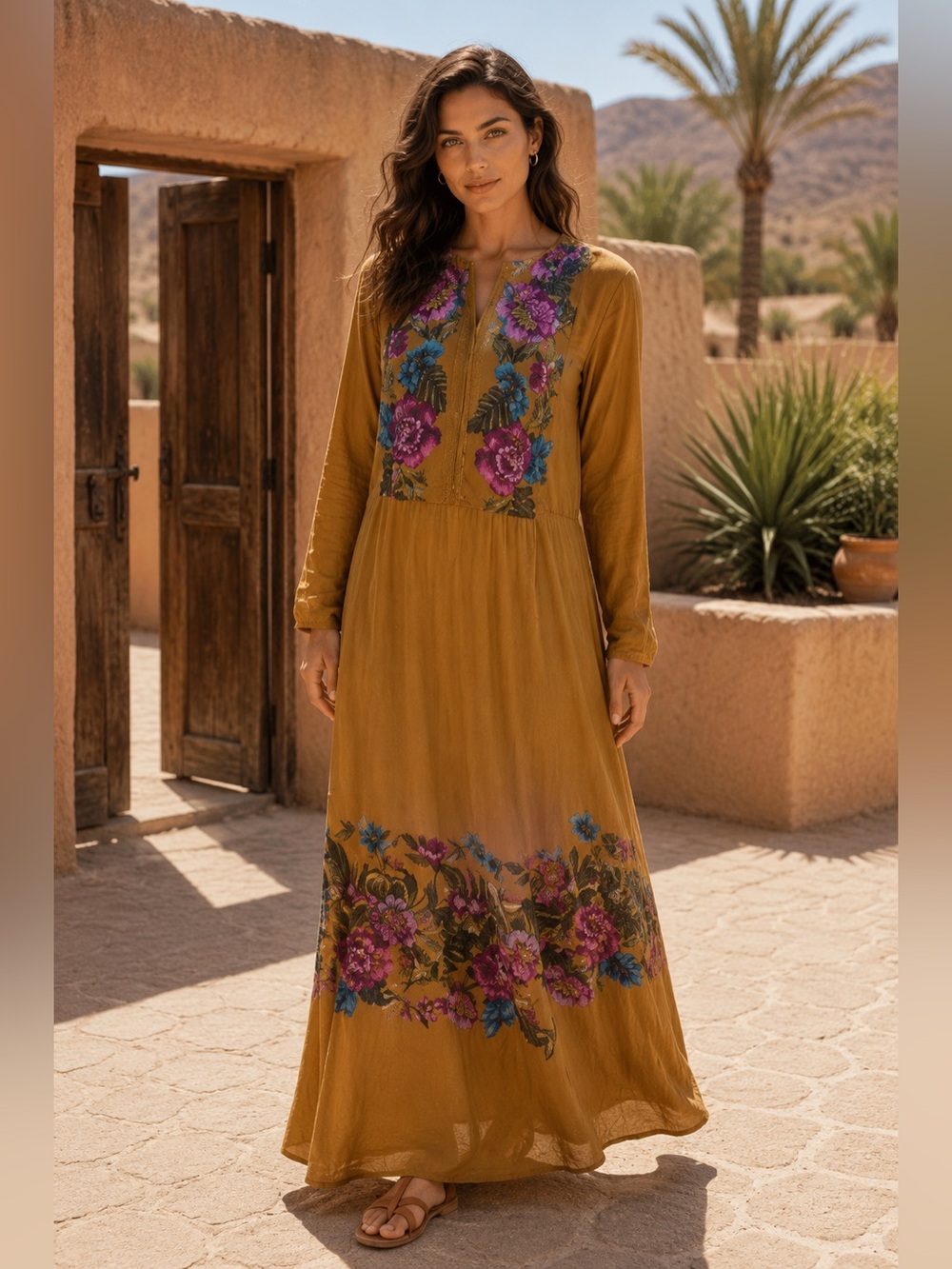 Embroidered Floral Maxi Dress in Mustard